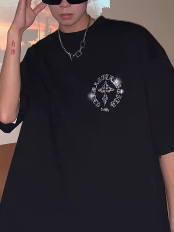 Herren-Kurzarm-T-Shirt mit Kreuz-Strasssteinen-1