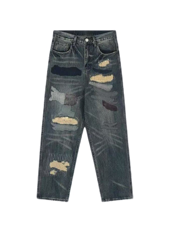 Lose Distressed-Jeans für Herren mit verschiedenen Aufnähern und Dekor-3