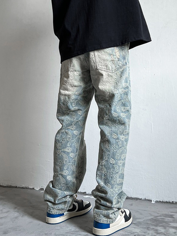 Zerrissene, lockere Herrenjeans mit Cashew-Blumenmuster-1