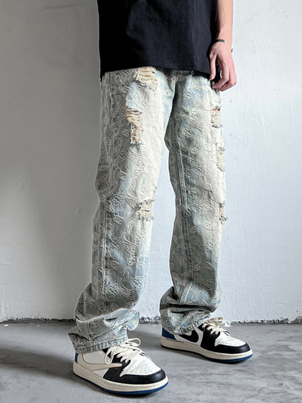 Zerrissene, lockere Herrenjeans mit Cashew-Blumenmuster-2