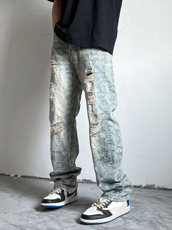 Zerrissene, lockere Herrenjeans mit Cashew-Blumenmuster-3