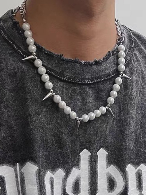 Herren-Punk-Halskette mit Kunstperlen-Ohrstecker und Splice-Anhänger-2