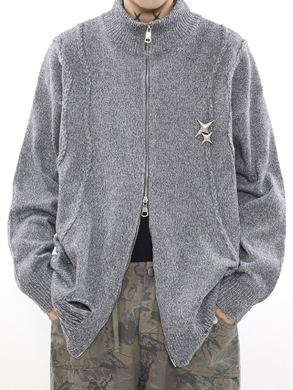 Herren-Cardigan-Pullover aus massivem, zerrissenem Metalldekor-1