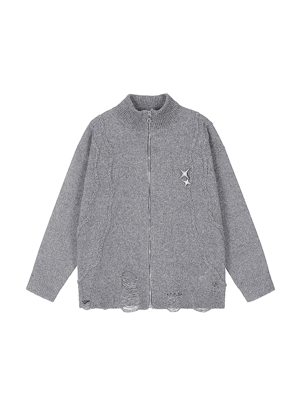 Herren-Cardigan-Pullover aus massivem, zerrissenem Metalldekor-5