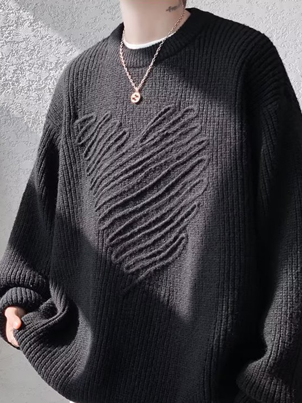 Herrenpullover mit dreidimensionalem Herzdekor und Rundhalsausschnitt-1