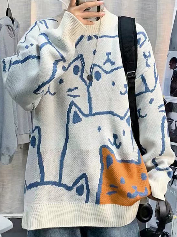 Jacquard-Pullover mit Rundhalsausschnitt für Herren mit Allover-Cartoon-Katzenmuster-1