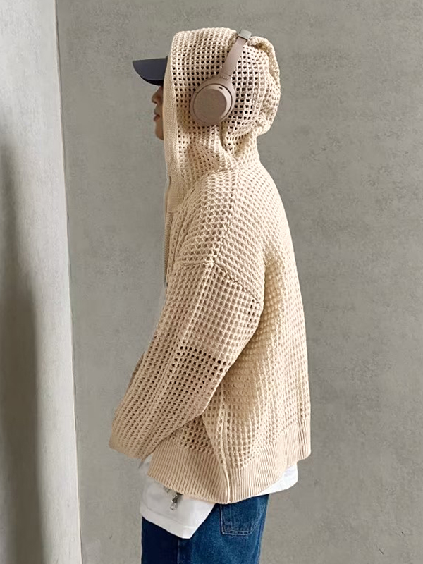 Übergroßer gestrickter Kapuzenpullover mit Cutout und Reißverschluss für Herren-1