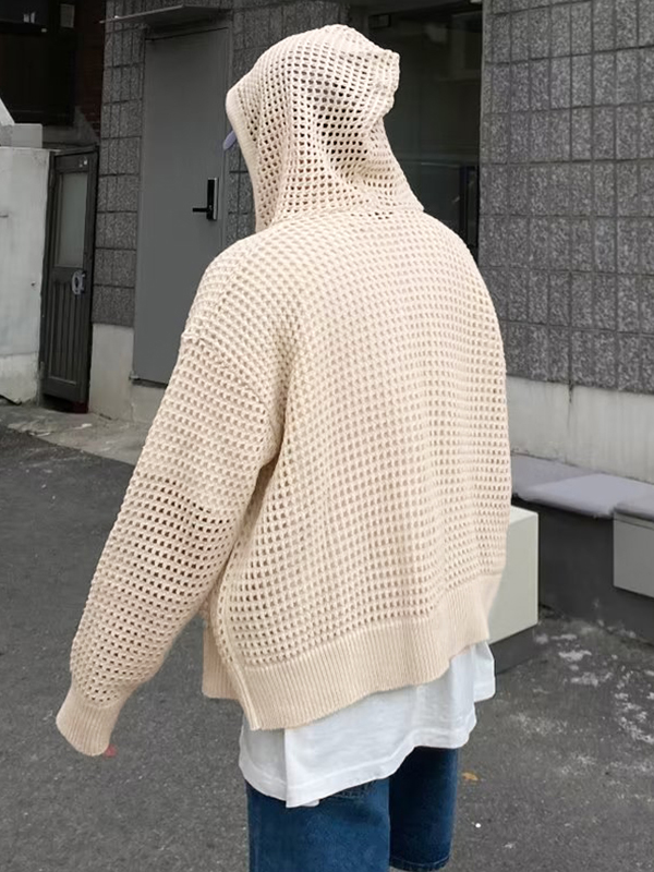 Übergroßer gestrickter Kapuzenpullover mit Cutout und Reißverschluss für Herren-2