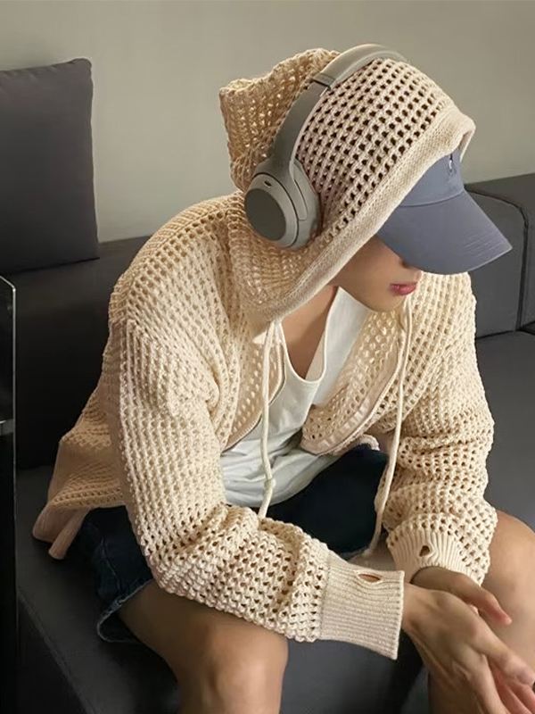 Übergroßer gestrickter Kapuzenpullover mit Cutout und Reißverschluss für Herren-4