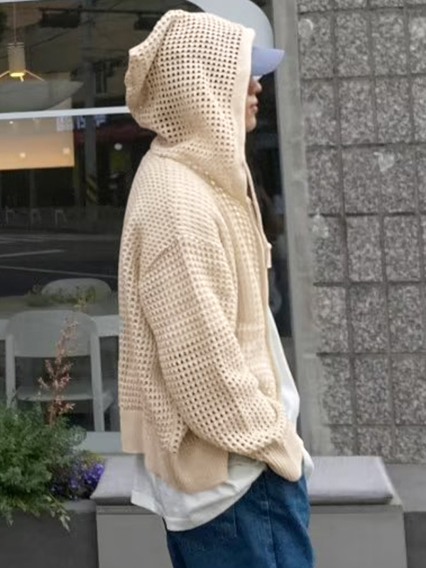 Übergroßer gestrickter Kapuzenpullover mit Cutout und Reißverschluss für Herren-3