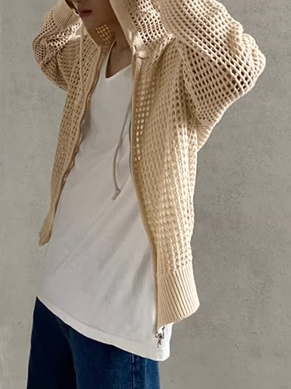 Übergroßer gestrickter Kapuzenpullover mit Cutout und Reißverschluss für Herren-5