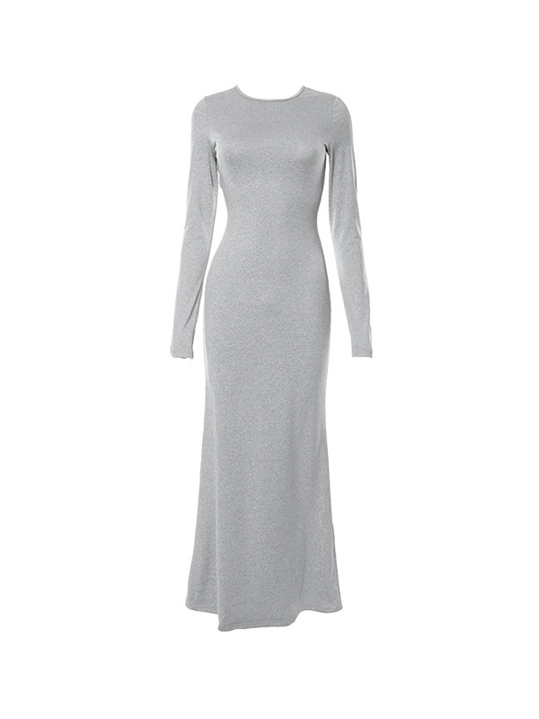 Einfarbiges, langärmliges Meerjungfrau-Maxikleid mit Rundhalsausschnitt-5