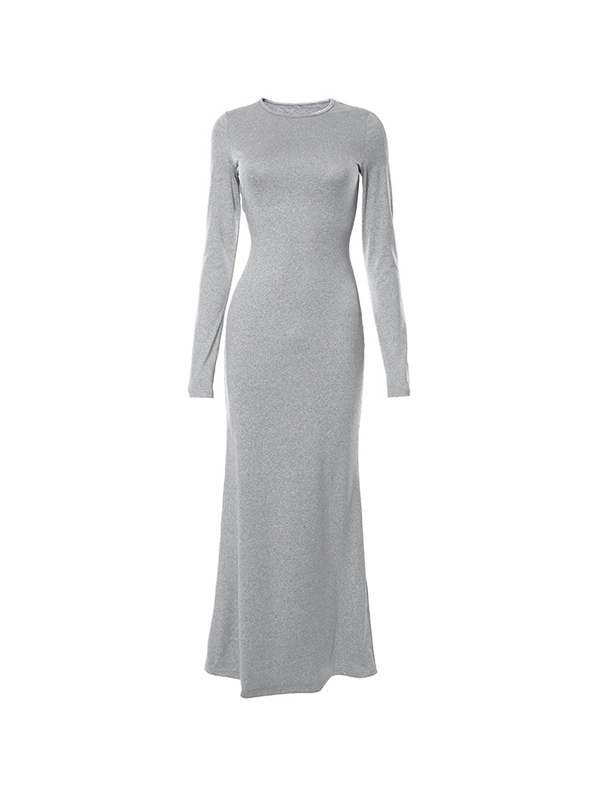 Einfarbiges, langärmliges Meerjungfrau-Maxikleid mit Rundhalsausschnitt-4