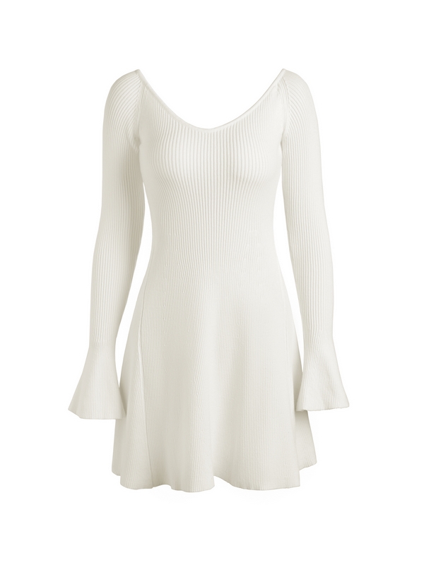 Einfarbiges, geripptes A-Linien-Strick-Minikleid mit V-Ausschnitt-3