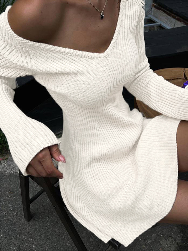 Einfarbiges, geripptes A-Linien-Strick-Minikleid mit V-Ausschnitt-2