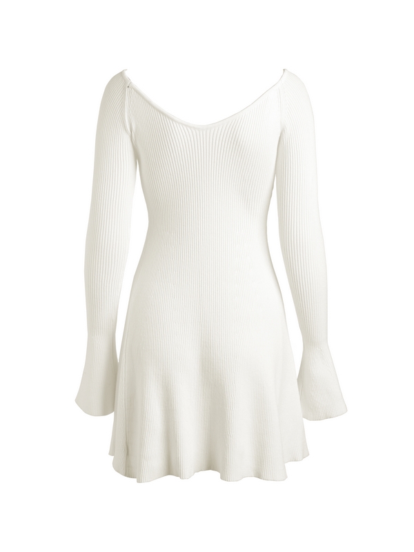 Einfarbiges, geripptes A-Linien-Strick-Minikleid mit V-Ausschnitt-4