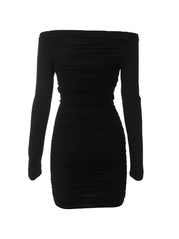 Solides, schulterfreies, gerafftes Minikleid-5