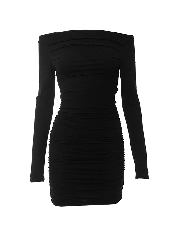 Solides, schulterfreies, gerafftes Minikleid-3