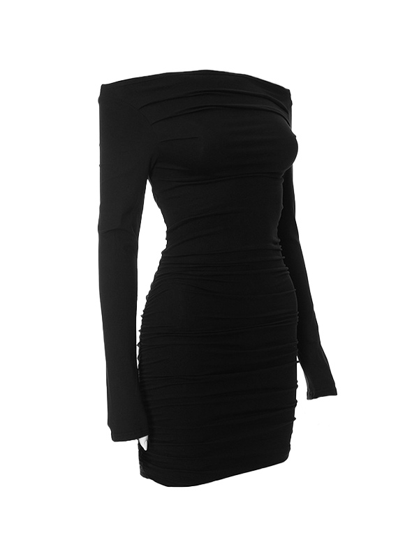 Solides, schulterfreies, gerafftes Minikleid-4