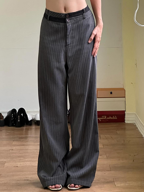 Gestreifte, kontrastfarbene, drapierte Anzughose mit stylischem Bund und lässiger langer Hose-1
