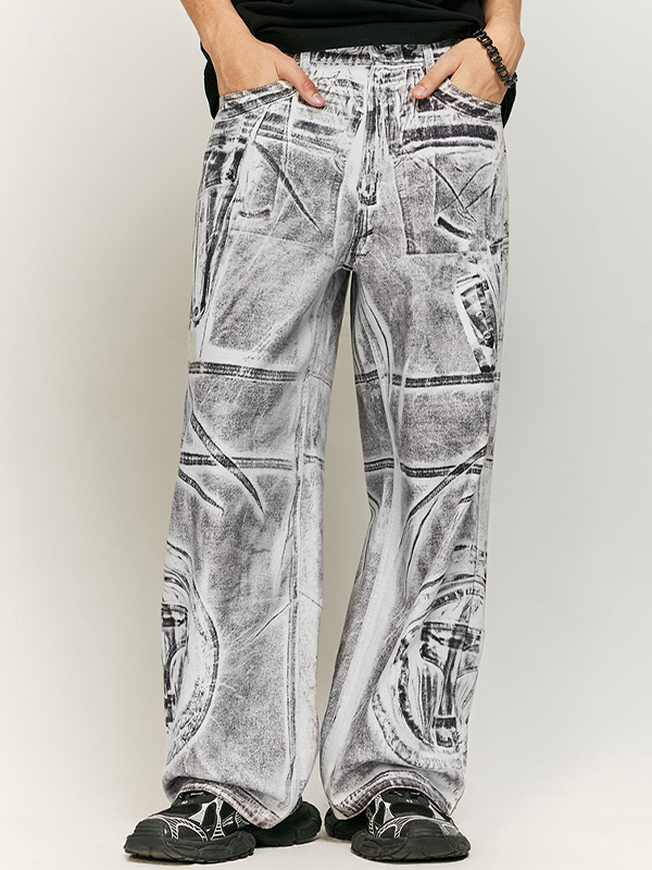 Schwere Jeans mit strukturiertem Druck in Schwarz und Grau-1