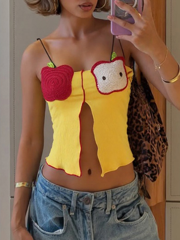 Gestricktes, kurzes Tanktop mit Stickerei und Apfel-Print-1