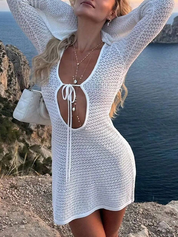 Sexy durchbrochenes Strand-Minikleid mit V-Ausschnitt-3