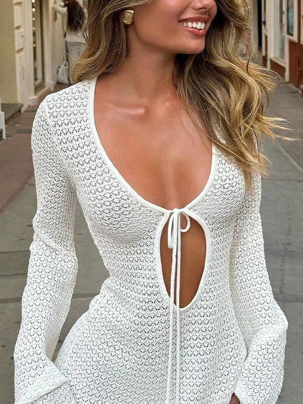 Sexy durchbrochenes Strand-Minikleid mit V-Ausschnitt-5