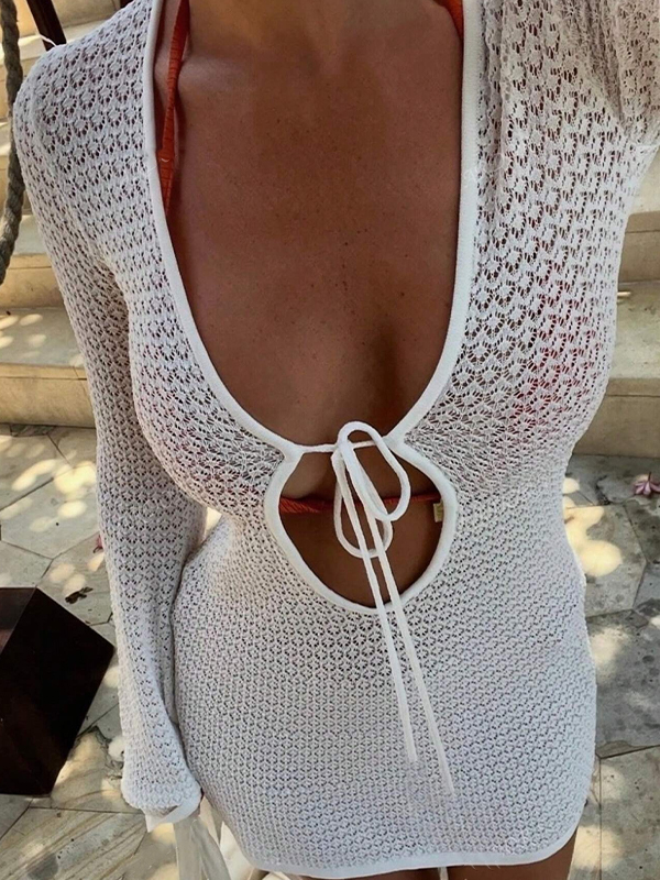 Sexy durchbrochenes Strand-Minikleid mit V-Ausschnitt-4