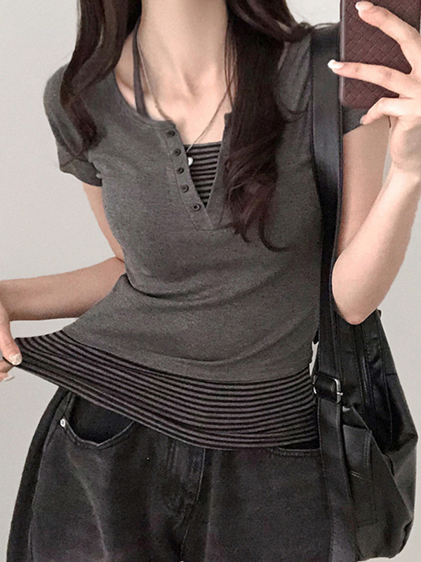 Zweiteiliger Kurzarm-Pullover mit gestreiftem Patchwork-1