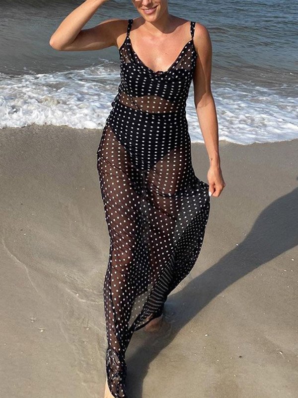 Polka Polka Muster Hauchdünnes Netz Maxikleid-7