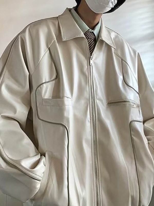 Kunstlederjacke mit Reißverschluss und Paspeldetail-3