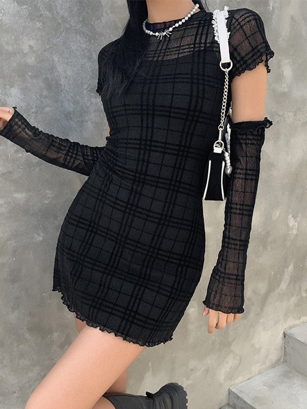 Kariertes Minikleid-Set mit Handschuhen-2