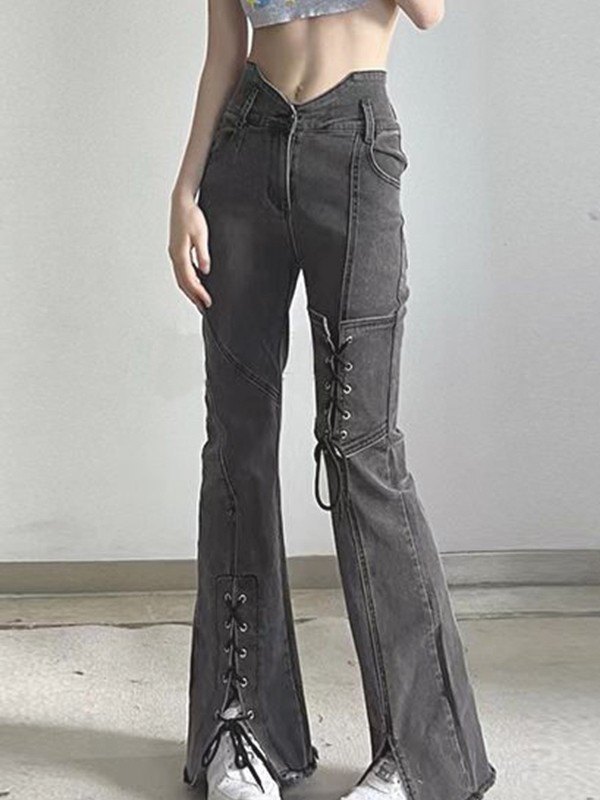 Schnür-Patchwork-Slit-Flare-Jeans-1