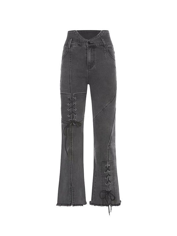 Schnür-Patchwork-Slit-Flare-Jeans-4