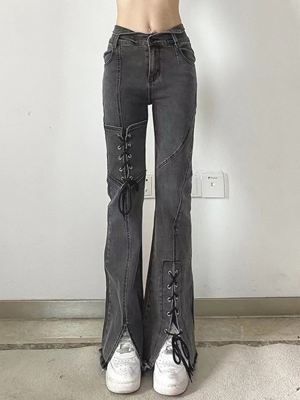Schnür-Patchwork-Slit-Flare-Jeans-3