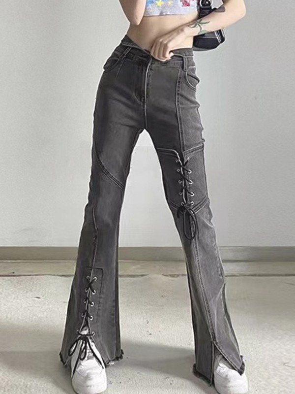Schnür-Patchwork-Slit-Flare-Jeans-2