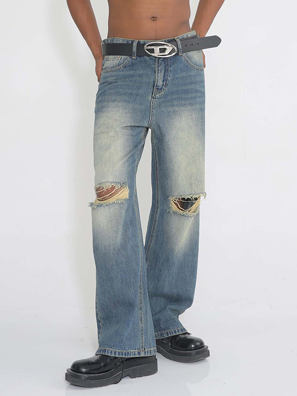 Lockere, gerade geschnittene Jeans mit zerrissenen Knien-2