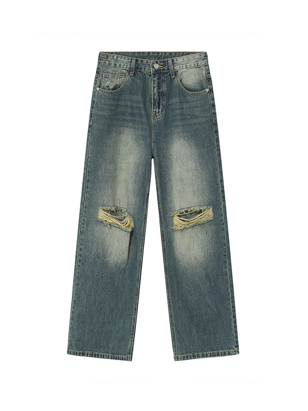 Lockere, gerade geschnittene Jeans mit zerrissenen Knien-4