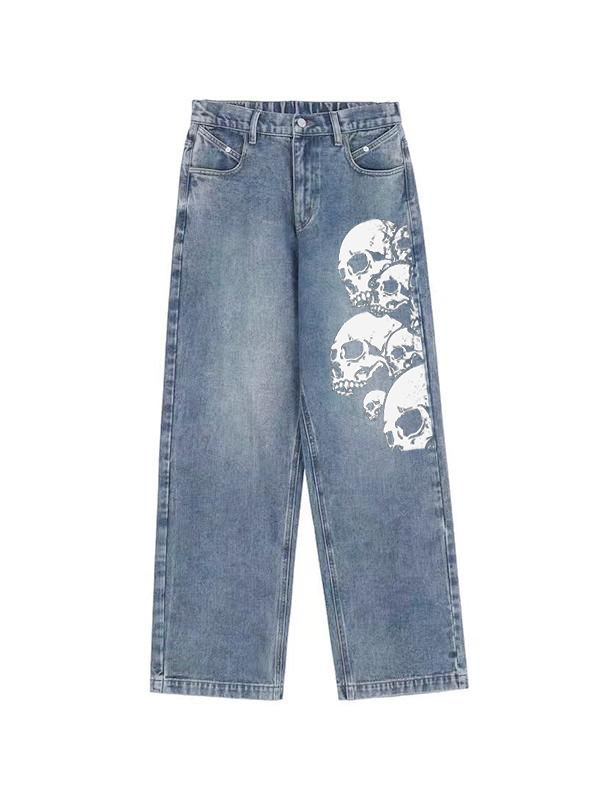 Boyfriendjeans mit weitem Bein und Totenkopf-Print im Vintage-Stil in Blau-2