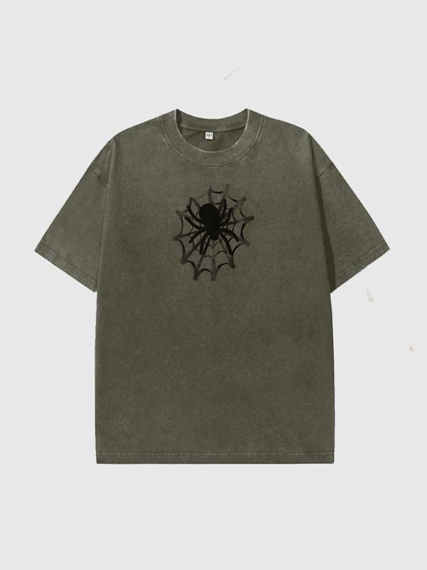 Übergroßes, gewaschenes Kurzarm-T-Shirt mit Spinnenmuster für Herren-2