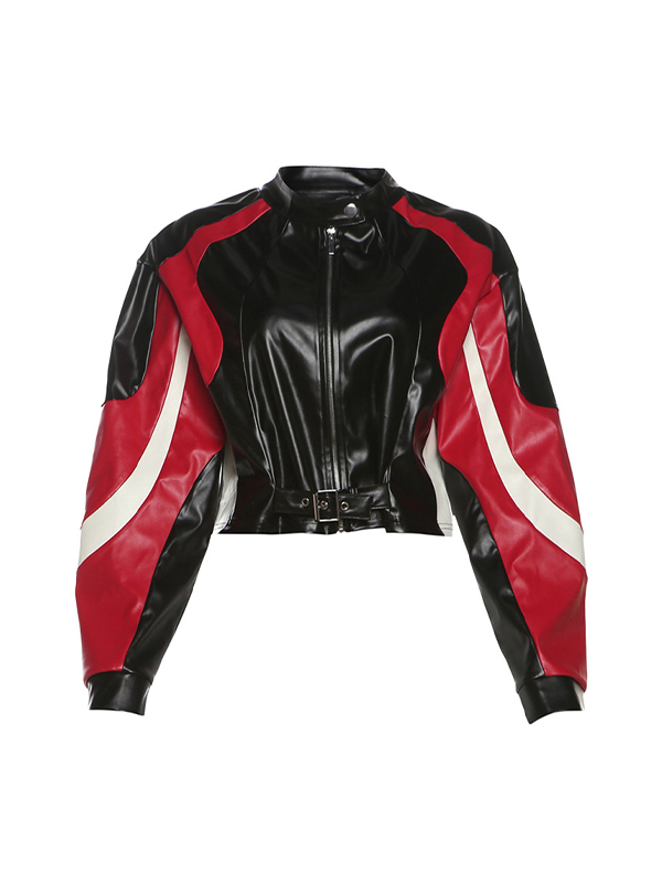Motorradjacke mit Rundhalsausschnitt und schmaler Passform in Kontrastfarbe-3
