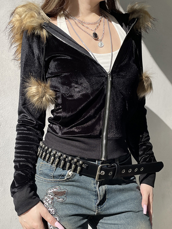 Modische warme Samtjacke in Volltonfarbe-2