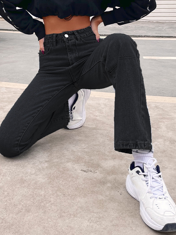 Stylische schwarze Straight Boyfriend Jeans-3