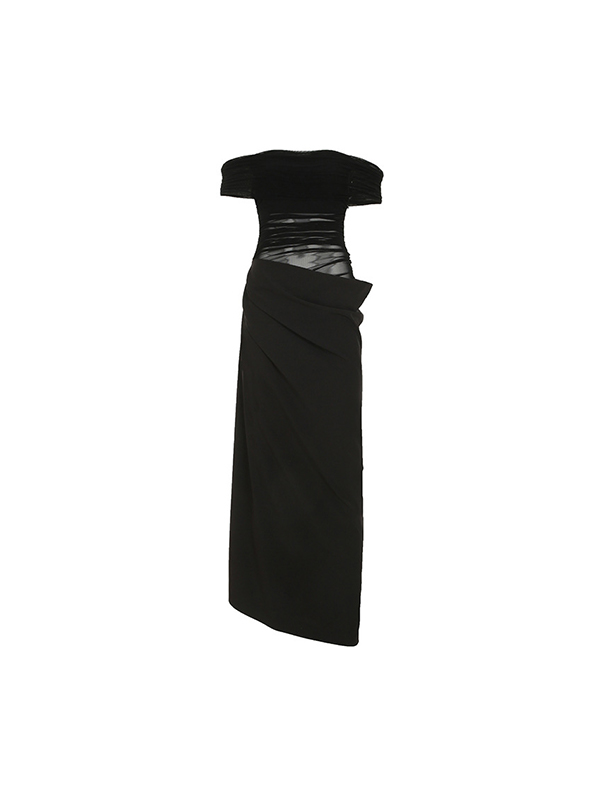 One-Shoulder Mesh Patchwork Maxikleid-2