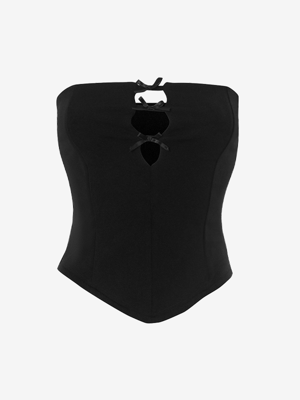 Einfarbiges Bandeau-Top mit Schleife und Hohlsaum-4