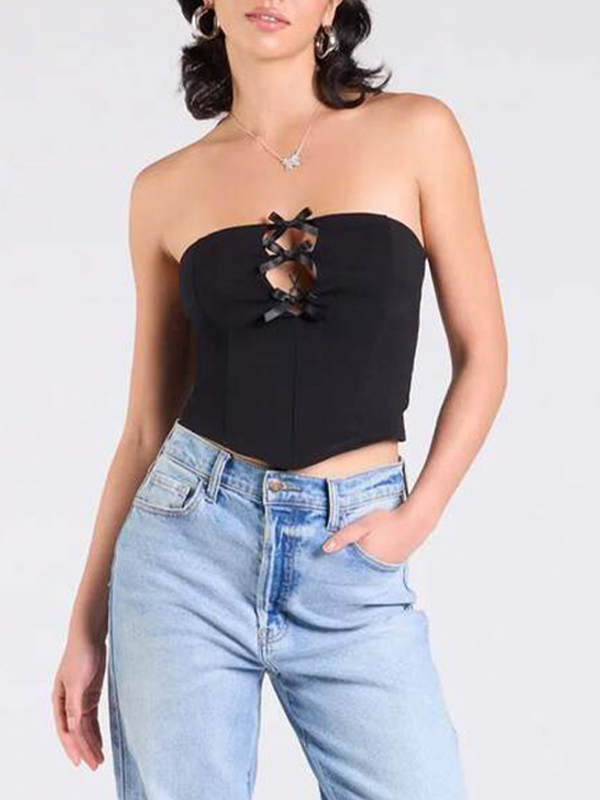Einfarbiges Bandeau-Top mit Schleife und Hohlsaum-2