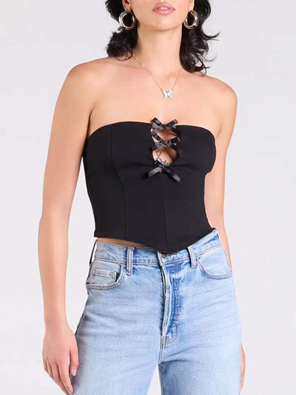 Einfarbiges Bandeau-Top mit Schleife und Hohlsaum-1
