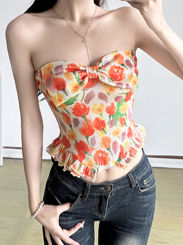 Bandeau-Top mit mädchenhaftem Tulpen-Print-1