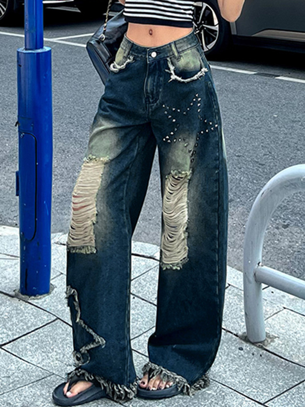 Zerrissene Jeans mit Raw Edge Gradient Star Strass-3
